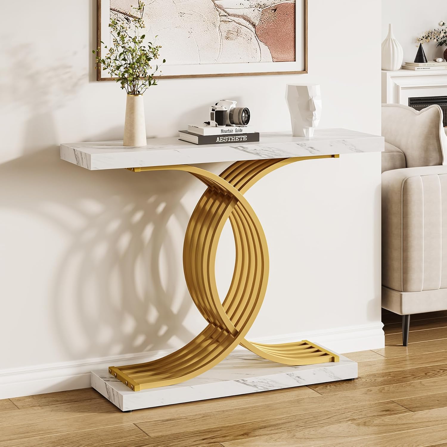 39” Console Table, Modern Sofa Table Entryway Table with Geometric Base